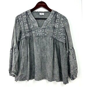 Chic Connection Women Embroidered Popover Top Long Sleeve V Neck Blouse M 1199N3